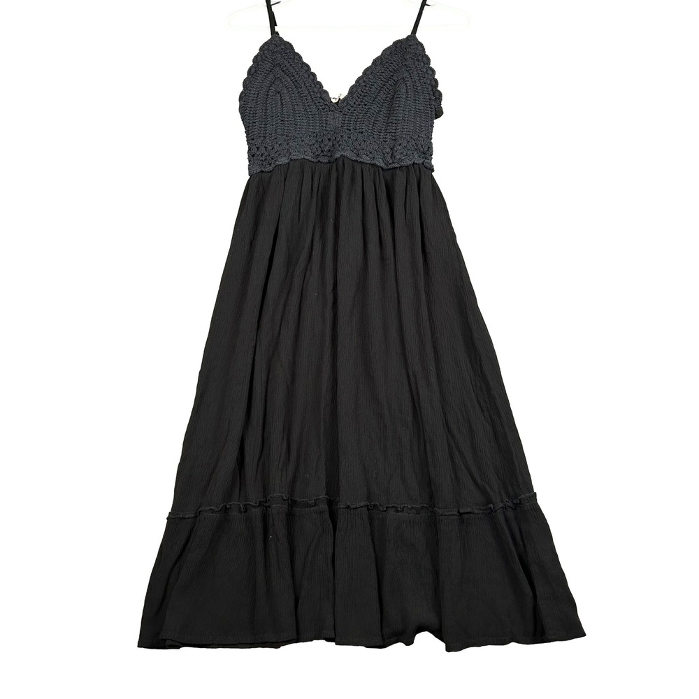 Black Crochet Gauze Whimsigoth Midi Dress Sleeveless Smocked Back Women's Large